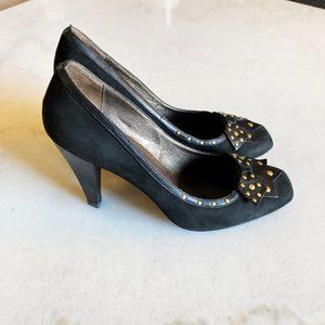 Sacha London black leather high heel pump shoes, western / boho, gold hardware